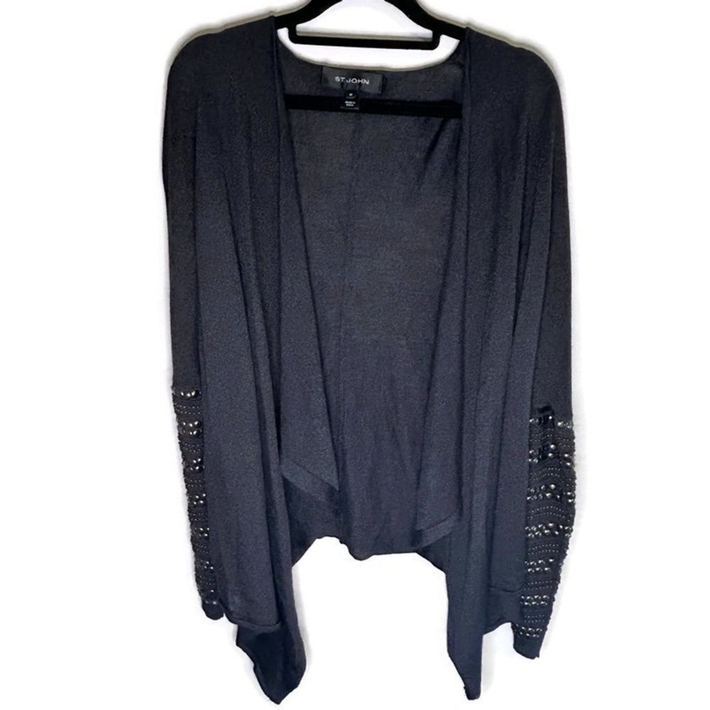 St. John Womens Studded Embellished Open Front Cardigan Grey Size M As Is